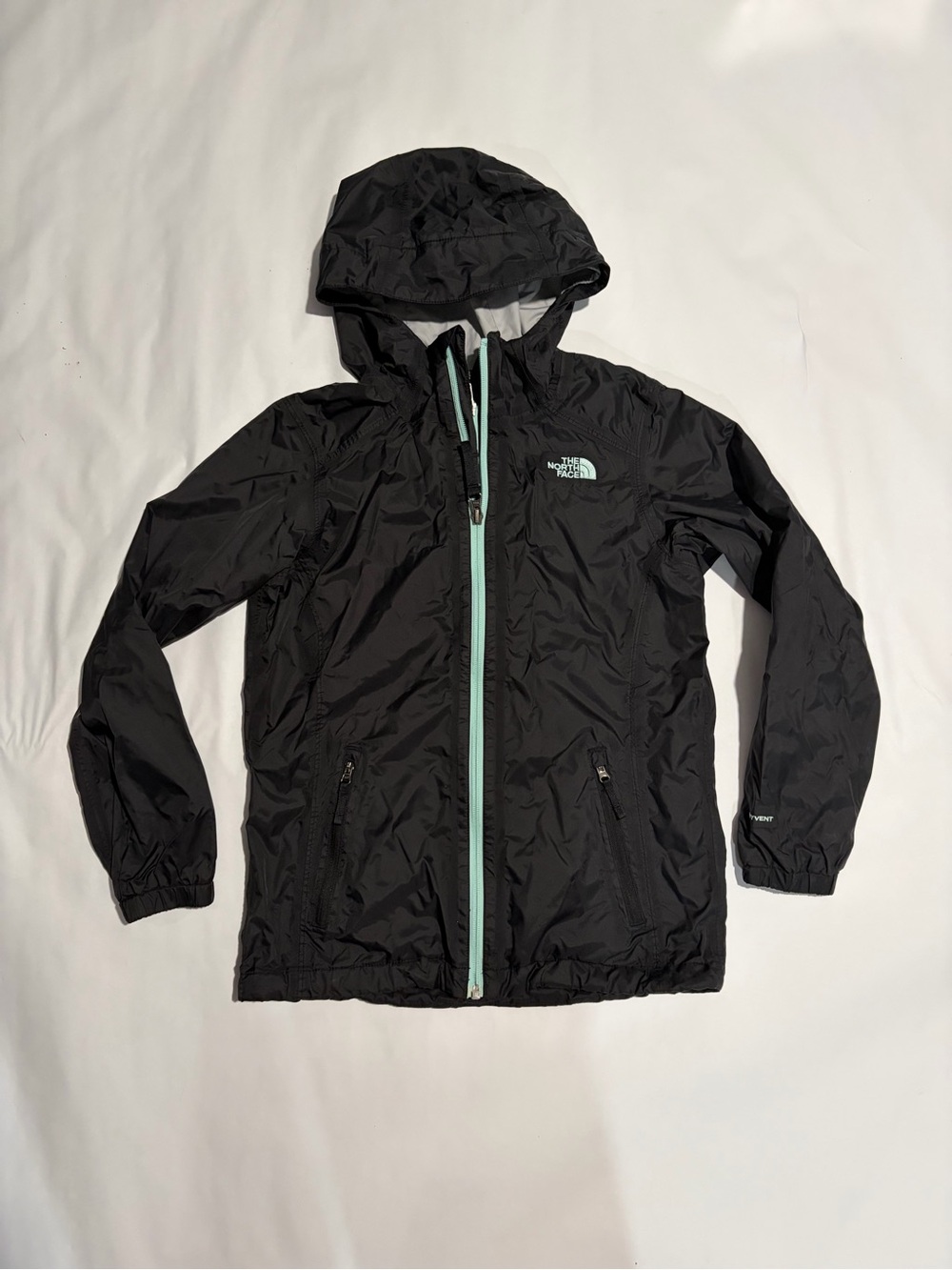 The North Face Black Kids Rain Jacket with Aqua Contrast Zipper